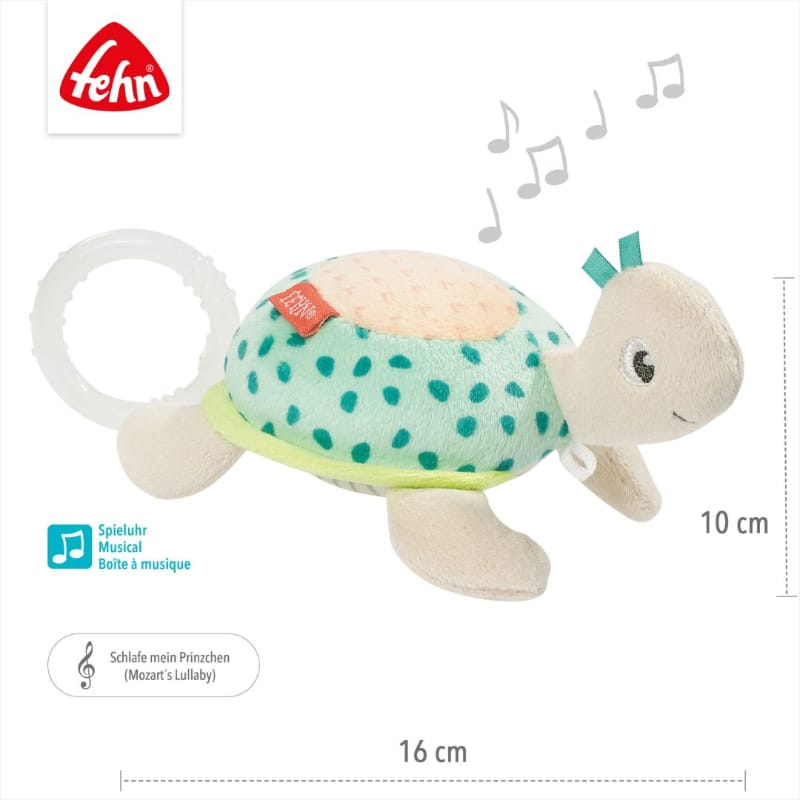 Fehn Mini Musical Turtle 16x10cm size guide — cream plush turtle with teal spotted shell plays Mozart's Lullaby wind-up musical mechanism