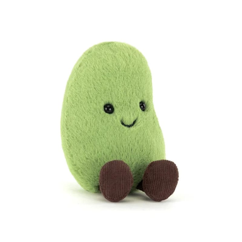 Jellycat Amuseables Soyella Edamame Bean front view — soft green plush edamame bean with embroidered smiling face and brown corduroy feet, 13cm