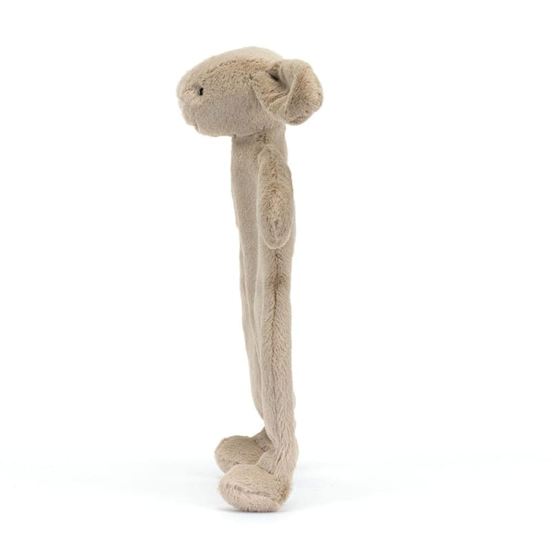 Jellycat Bashful Beige Bunny Comforter side view — beige plush bunny with long floppy ear and knotted foot detail on soft beige security blanket