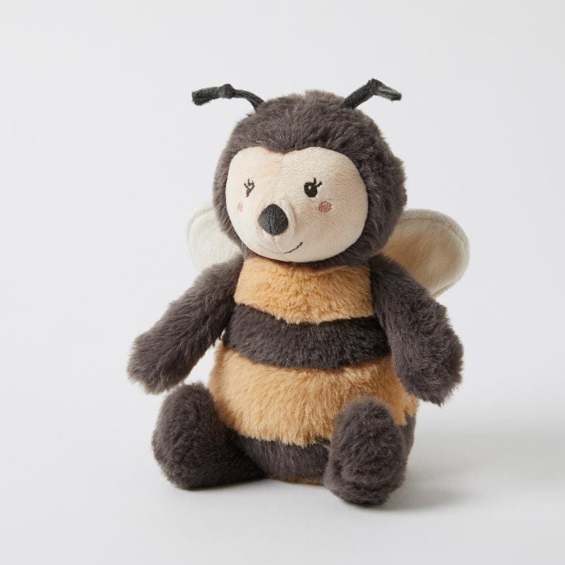 Angled view of Jiggle & Giggle Bumble the Bee plush toy, showing its striped body, cream wings and rounded dark brown feet