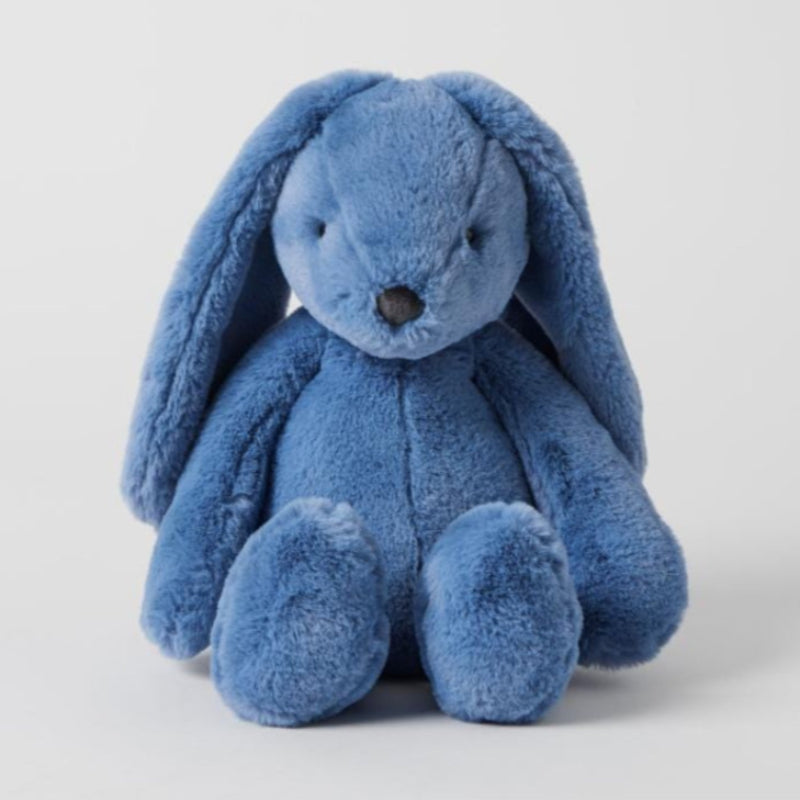 Jiggle & Giggle medium Cobalt Blue Bunny plush toy seated facing forward, with long floppy ears, rounded paws and a dark nose