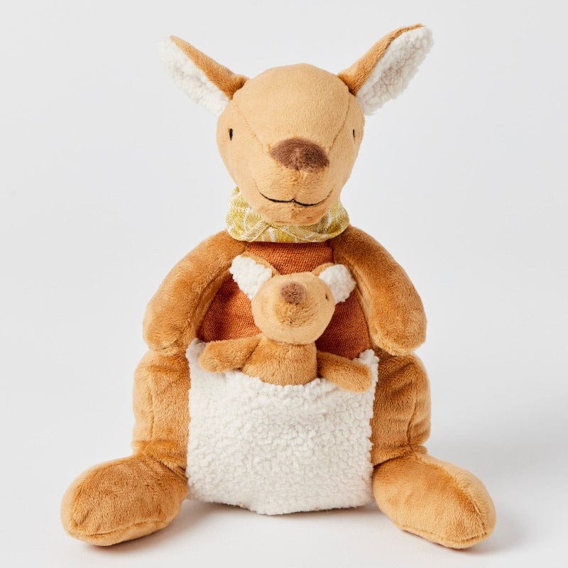 iggle & Giggle Rocky the Kangaroo plush toy facing forward, with golden-brown fur, a patterned neck scarf and a joey in a fluffy cream pouch