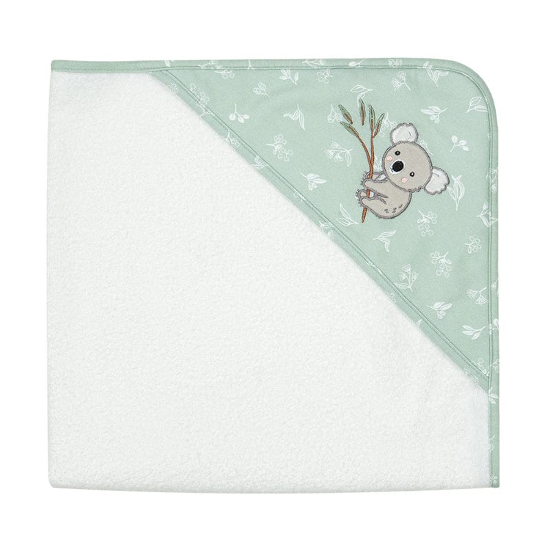 Organic cotton hooded baby towel with cute koala in light green tones