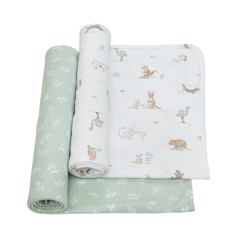 2-pack organic cotton muslin swaddle wraps with Australian animal print