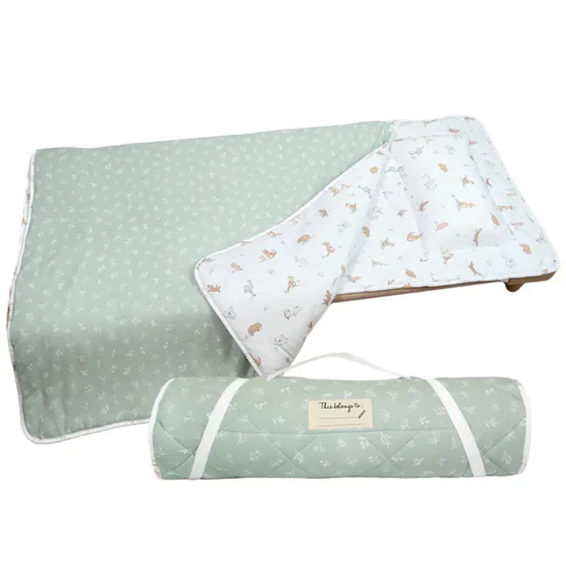 Foldable organic cotton nap mat with built-in blanket and pillow, Australiana animal print