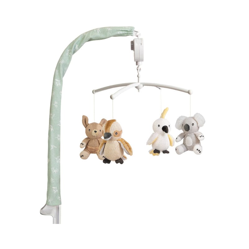 Nursery cot mobile with Australian animal characters — koala, kangaroo, kookaburra and cockatoo — in neutral tones