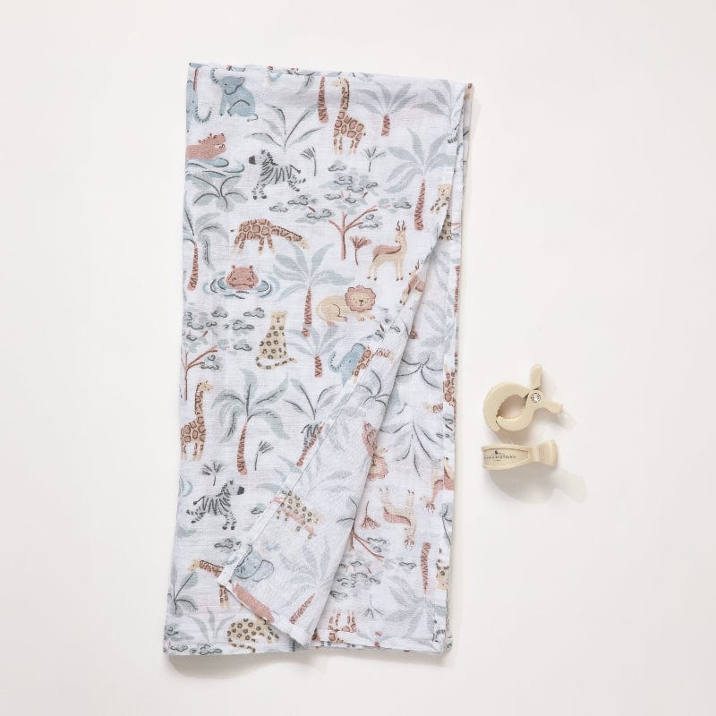 Living Textiles Baby Living Textiles Organic Muslin Swaddle & Pram Peg Set - Wild Safari - NEW