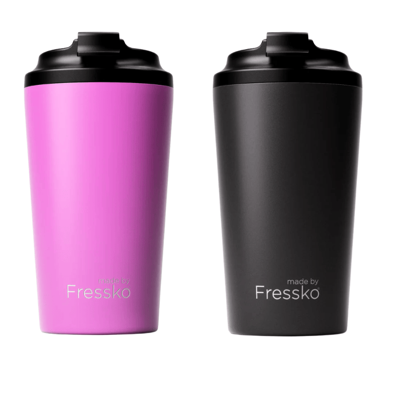 Neuroblastoma Run2Cure Fressko Grande Cup - Coal or Bubblegum side by side with the Fressko logo on display