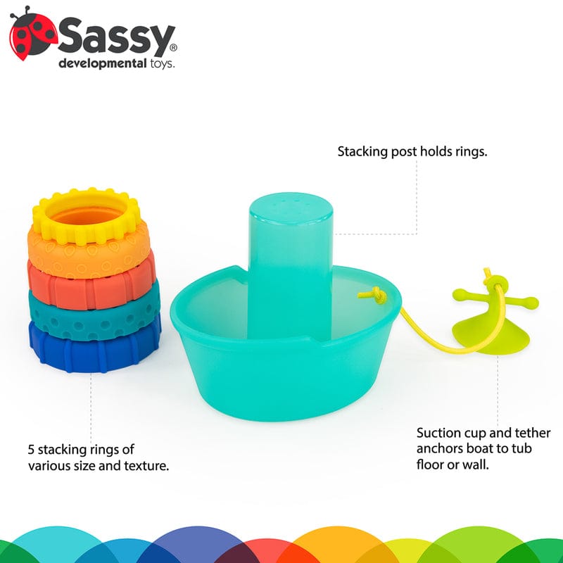 Sassy Baby product graphic showing the Stackin’ Ship parts and assembled toy.