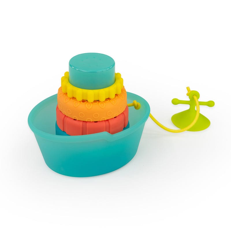 Colourful rings stacked on the turquoise Stackin’ Ship boat.
