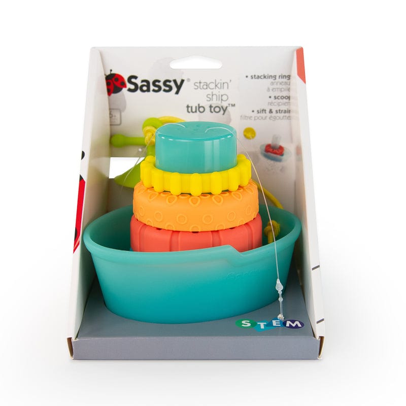 Sassy Baby Stackin’ Ship bath toy with colourful rings displayed in its packaging