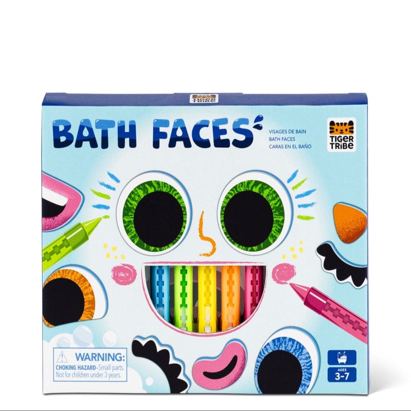 Tiger Tribe Bath Faces box showing foam face features and bath crayons, ages 3–7