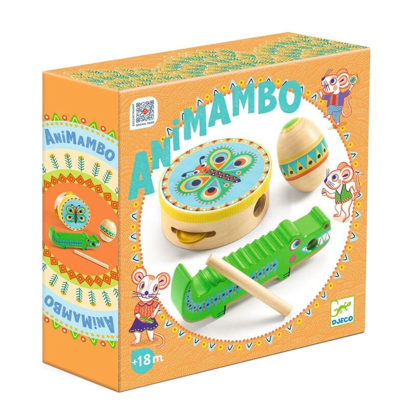 DJECO Animambo Percussion Set in its orange illustrated box, showing the three musical instruments