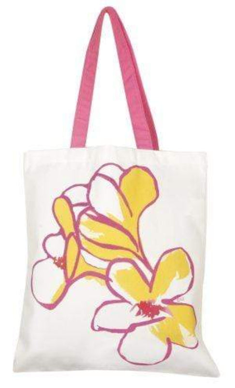 Ken Done Frangipani Drawing children's book bag – white 100% cotton tote with yellow and pink frangipani print and pink handles