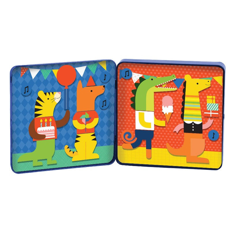 Open Party Animals tin showing two colourful party scenes with magnetic animal pieces placed inside