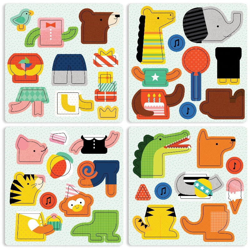 Party Animals magnetic pieces laid out: mix-and-match animal heads, bodies, legs, hats, cakes and balloons