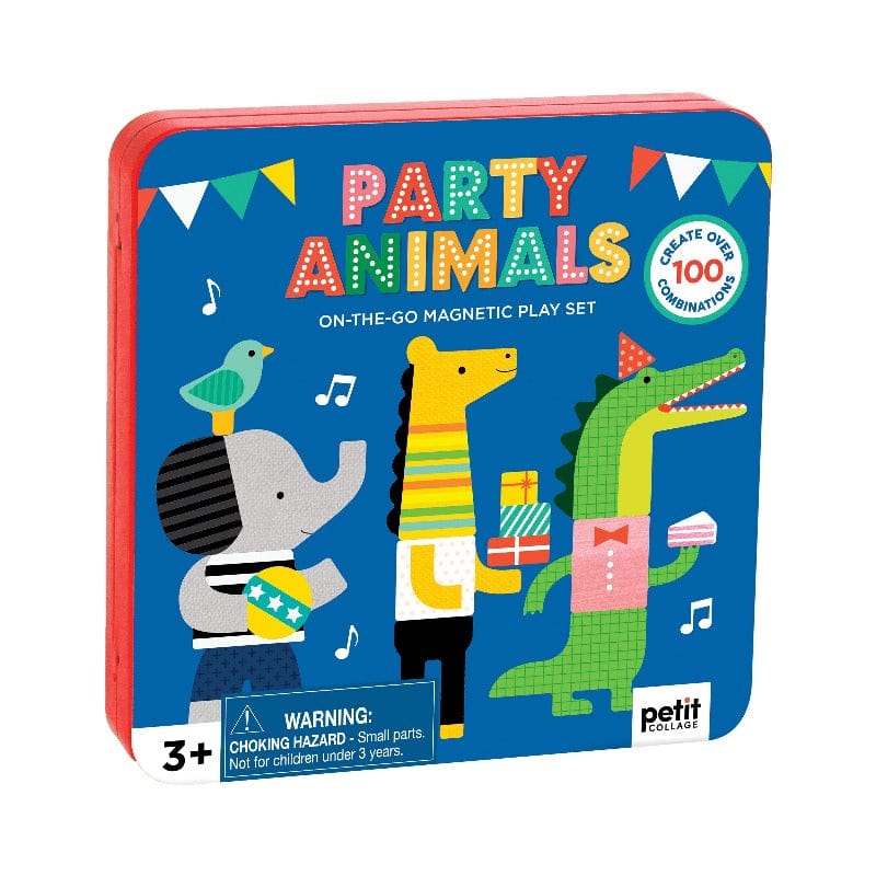 Petit Collage Party Animals magnetic play set tin, blue lid with elephant, zebra and crocodile carrying party gifts, ages 3+