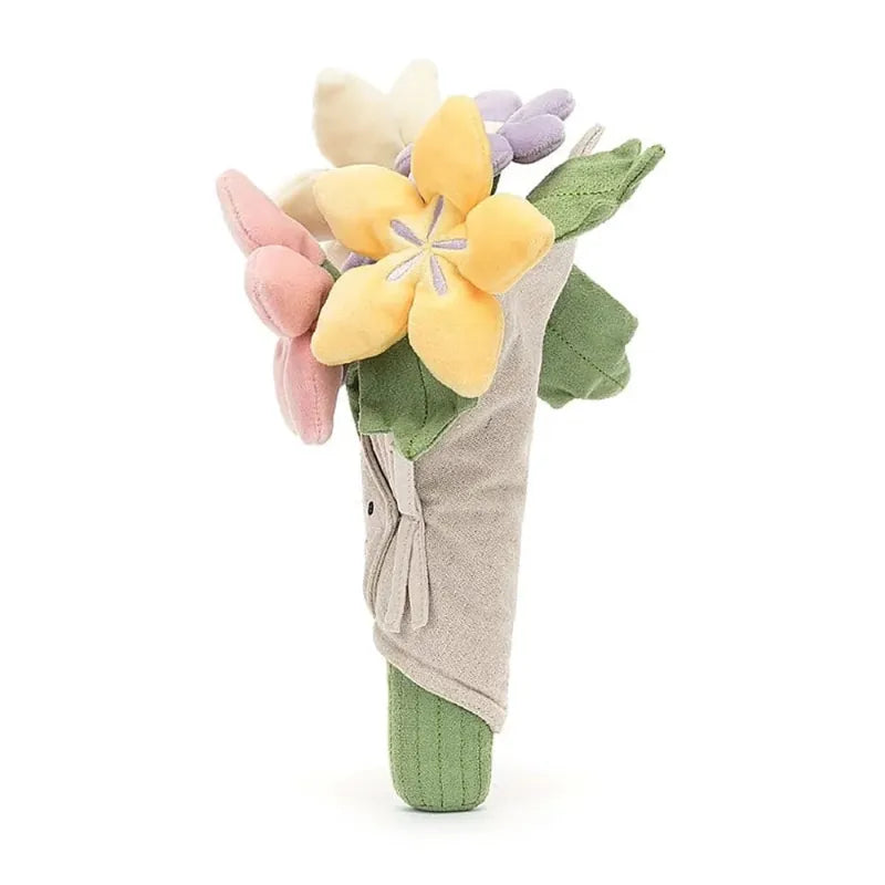 Jellycat Amuseables Bouquet of Flowers front view — plush flower bouquet with white, pink, purple and yellow five-petal flowers, green leaves and grey linen wrap with embroidered smiling face