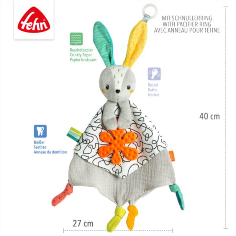 Fehn Stuffed Animals Fehn Baby Comforter Hare - Multi-Sensory Plush Toy & Sleep Soother - NEW