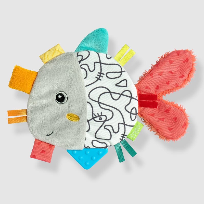 Fehn DoBabyDoo Crinkle Fish on grey background — grey velour fish with black and white printed body, colourful sensory tags, teal fin, blue teether and coral textured tail
