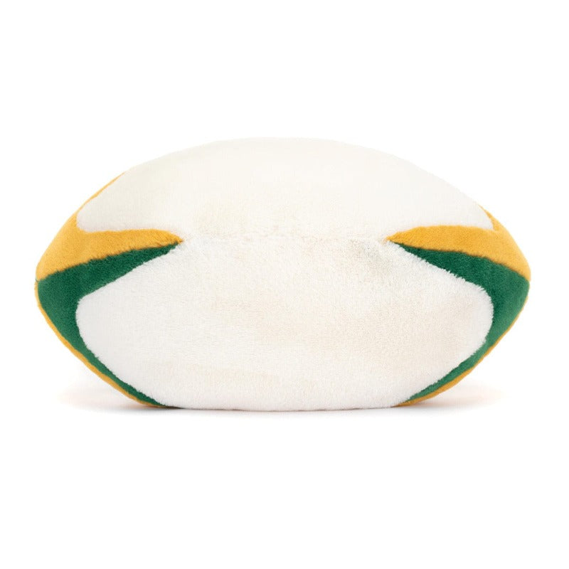 Jellycat Amuseable Sports Australian Rugby Ball angled front view — white plush rugby ball with green and gold stripe panels, embroidered smiling face and green and gold striped rugby socks with black studded boots