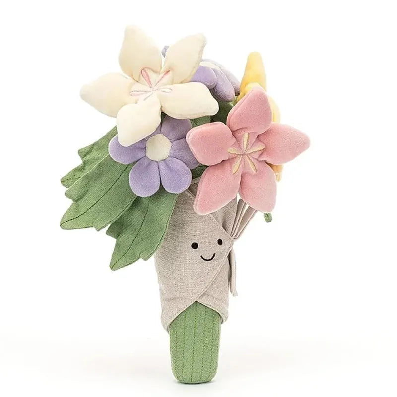 Jellycat Amuseables Bouquet of Flowers front view — plush flower bouquet with white, pink, purple and yellow five-petal flowers, green leaves and grey linen wrap with embroidered smiling face