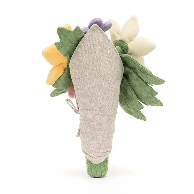 Jellycat Amuseables Bouquet of Flowers back view — grey linen wrap with bow tie detail, green corduroy stem and yellow, white and purple flowers with green leaves visible from behind