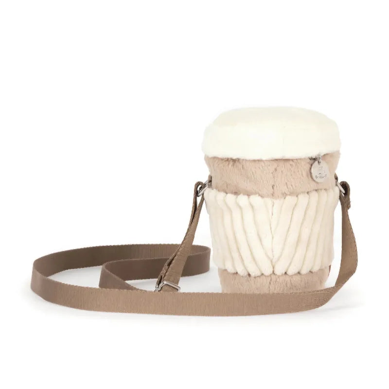 Jellycat Amuseables Coffee-To-Go Bag back view — brown plush takeaway coffee cup with cream lid, white cup sleeve and brown corduroy feet