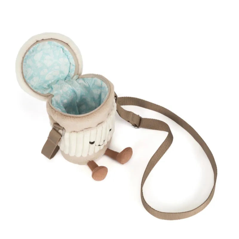 Jellycat Amuseables Coffee-To-Go Bag with open lid — brown plush takeaway coffee cup showing cream interior and open lid, embroidered smiling face and corduroy feet