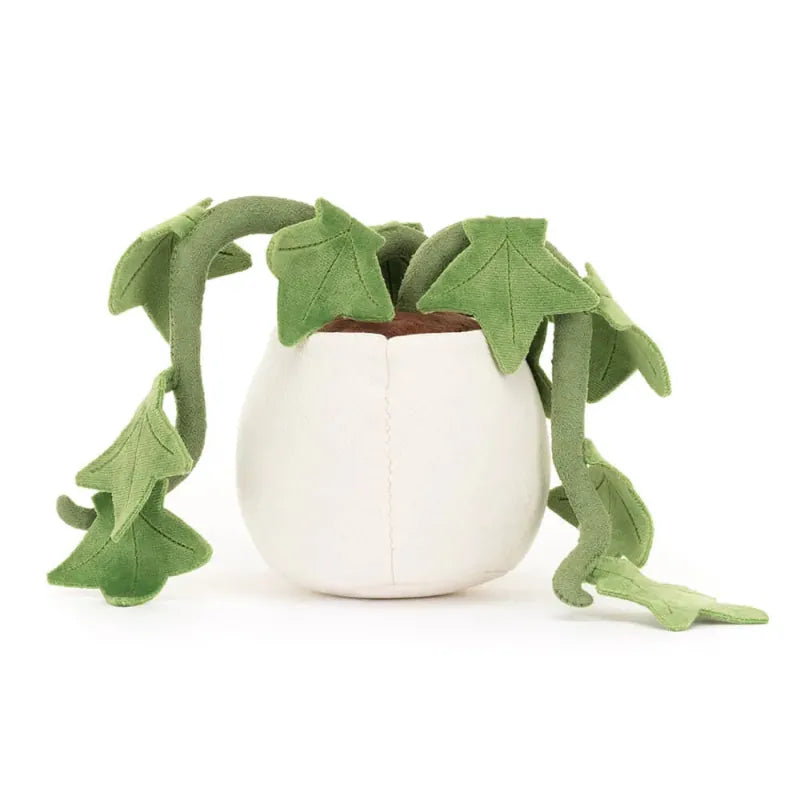 Jellycat Amuseables Ivy back view — white plush pot with segmented texture and trailing green ivy vines with lobed leaves spreading on both sides
