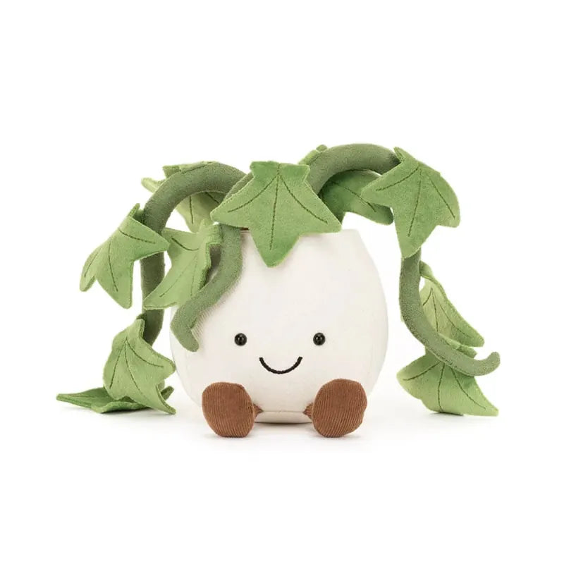 Jellycat Amuseables Ivy straight front view — white plush pot with embroidered smiling face, brown corduroy feet and long trailing green ivy vines spreading wide on both sides