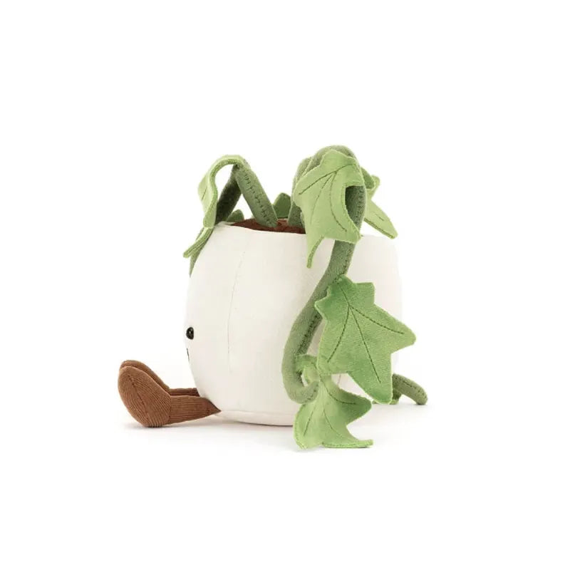 Jellycat Amuseables Ivy side view — white plush pot with brown corduroy foot and trailing green ivy vines with lobed leaves cascading down the side