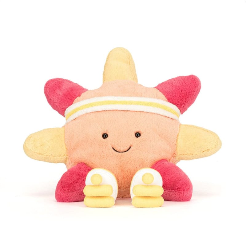 Jellycat Amuseables Sun Roller Skates front view — peach plush sun with yellow and hot pink rays, yellow and white striped headband, embroidered smiling face and yellow roller skates"