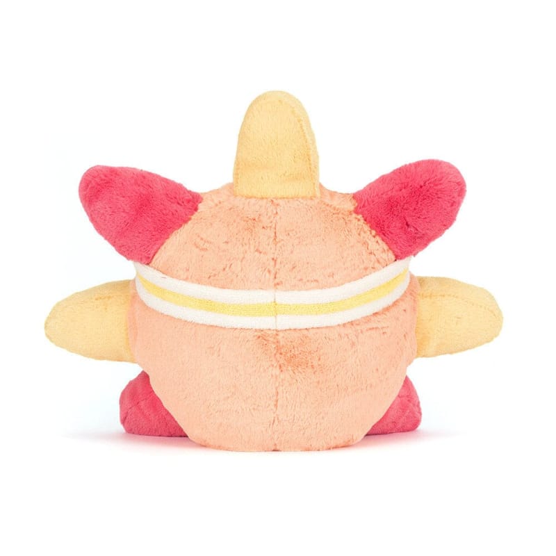 Jellycat Amuseables Sun Roller Skates back view — peach plush sun with hot pink and yellow rays, yellow and white striped headband across the back