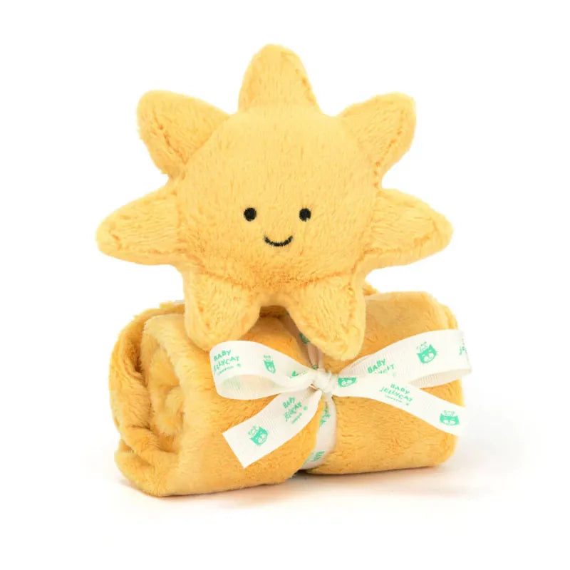 Jellycat Amuseables Sun Soother gift-ready — yellow plush sun with embroidered smiling face sitting atop rolled yellow security blanket tied with Baby Jellycat ribbon