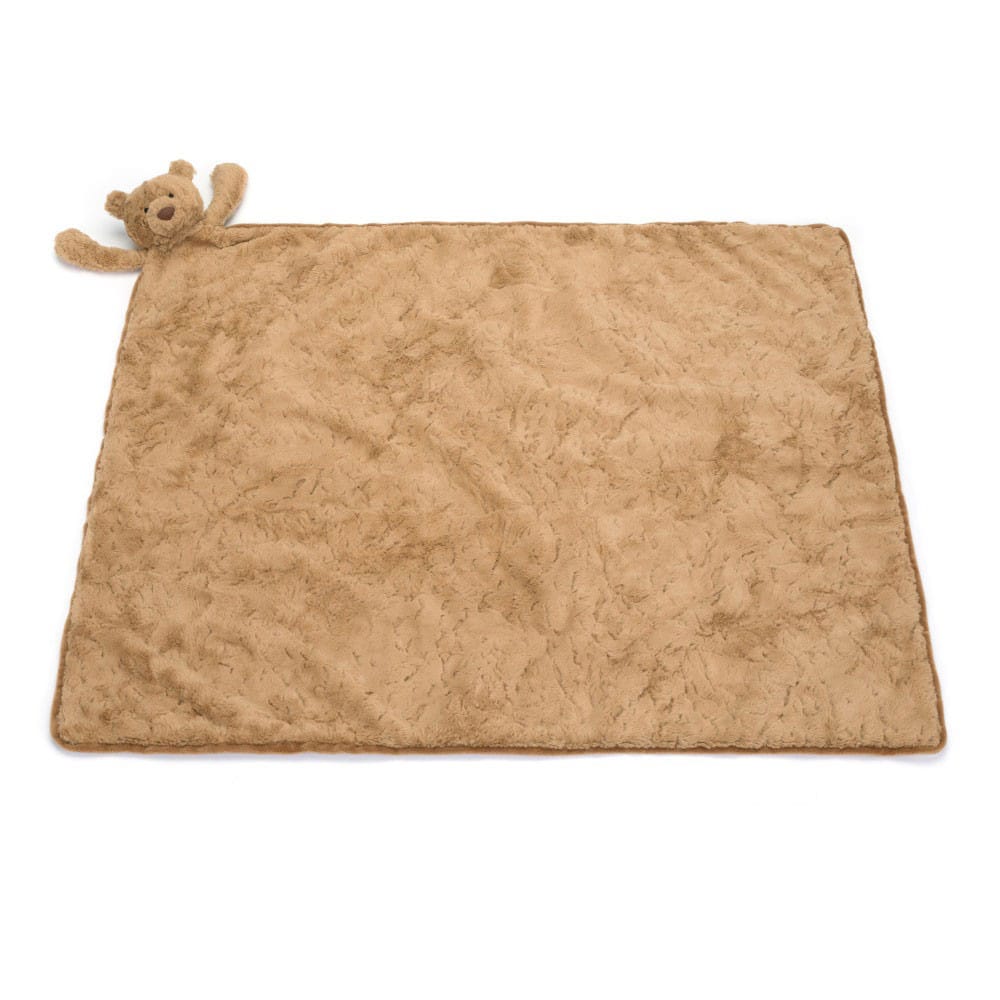 Jellycat Bartholomew Bear Blankie flat lay — large caramel plush security blanket fully unfolded with small Bartholomew Bear in top left corner, showing full blanket size