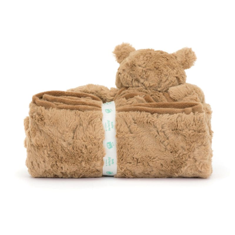 Jellycat Bartholomew Bear Blankie back view gift-ready — honey brown plush bear sitting atop folded caramel blanket with Baby Jellycat ribbon band