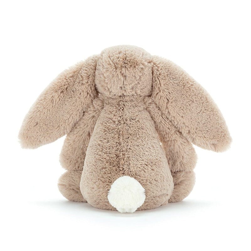 Jellycat Bashful Beige Bunny Medium back view — soft beige plush bunny with long floppy ears spread wide, fluffy textured fur with golden highlights and prominent white round tail