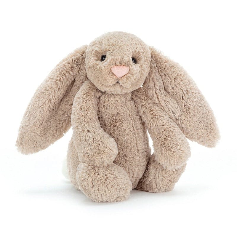 Jellycat Bashful Beige Bunny Medium front view — soft beige plush bunny with long floppy ears, embroidered pink nose, black bead eyes and fluffy textured fur with golden highlights, sitting soft toy