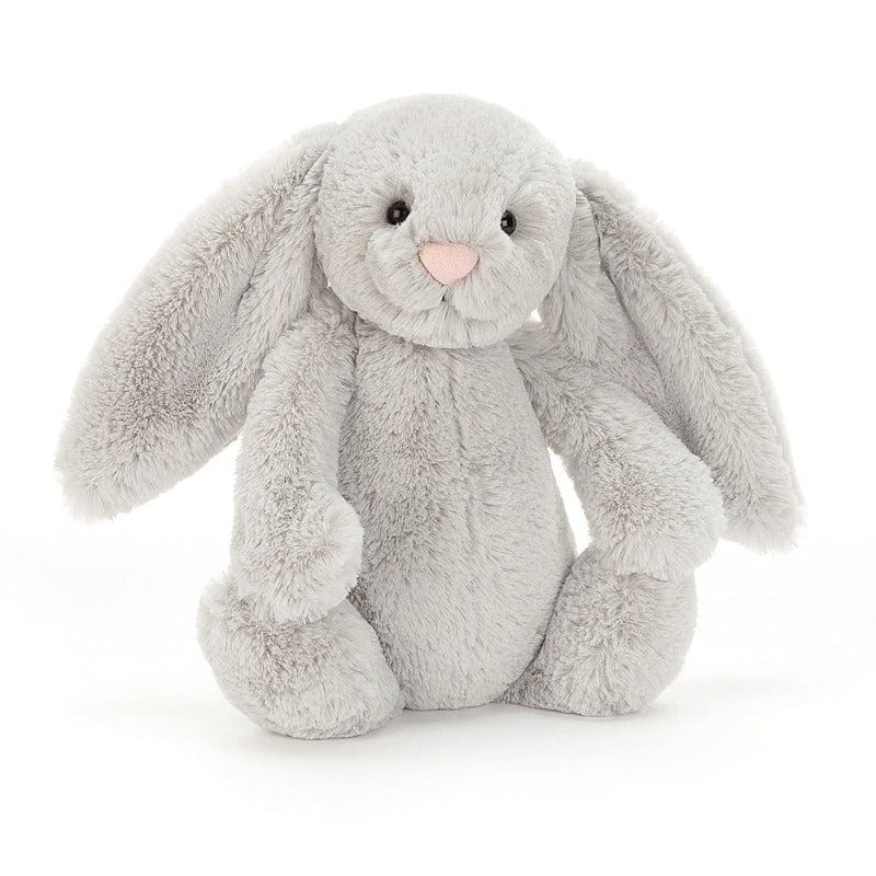 Jellycat Bashful Silver Bunny Medium front view — soft silver-grey plush bunny with long floppy ears, embroidered pink nose, black bead eyes and fluffy textured fur with silver highlights, sitting soft toy