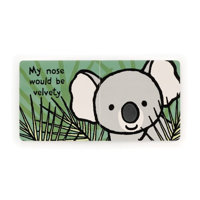 Jellycat If I Were a Koala Board Book front cover — illustrated grey koala clinging to a eucalyptus tree trunk with green leaves on teal background, with 'If I were a koala...' title at bottom