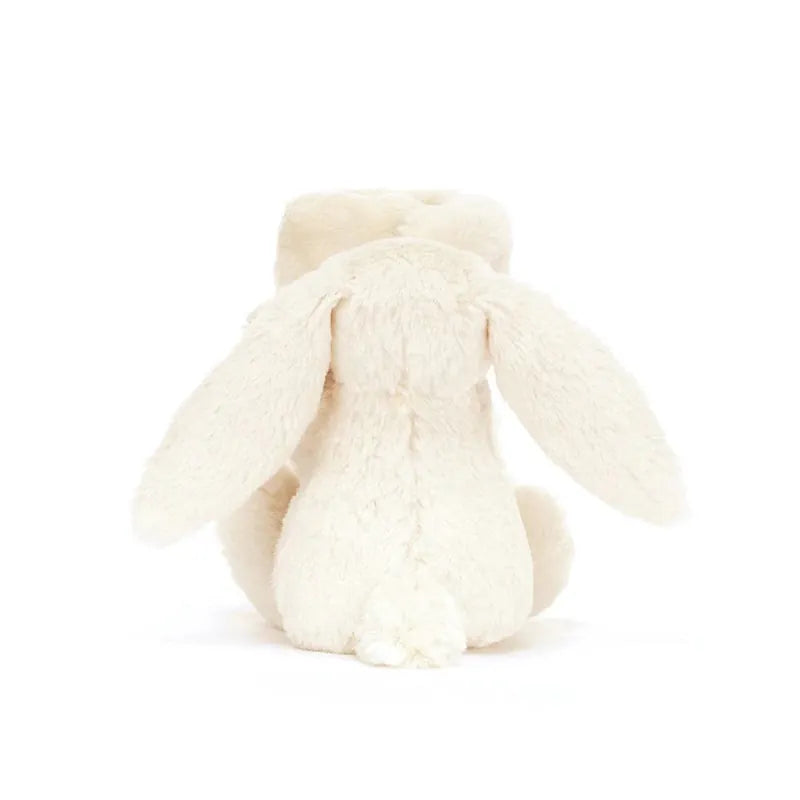 Jellycat Blossom Cream Bunny Berry Soother back view — cream plush bunny with fluffy white tail and long floppy ears, soft security blanket visible behind