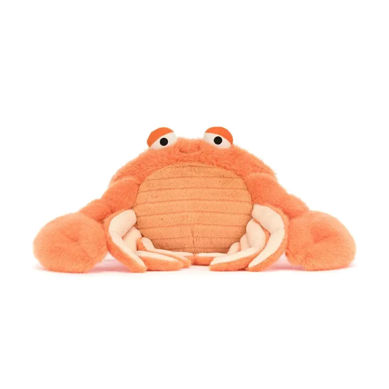 Jellycat Pinchsnap Crab angled front view — orange plush crab with embroidered smiling face, raised orange claws and textured bumpy shell body