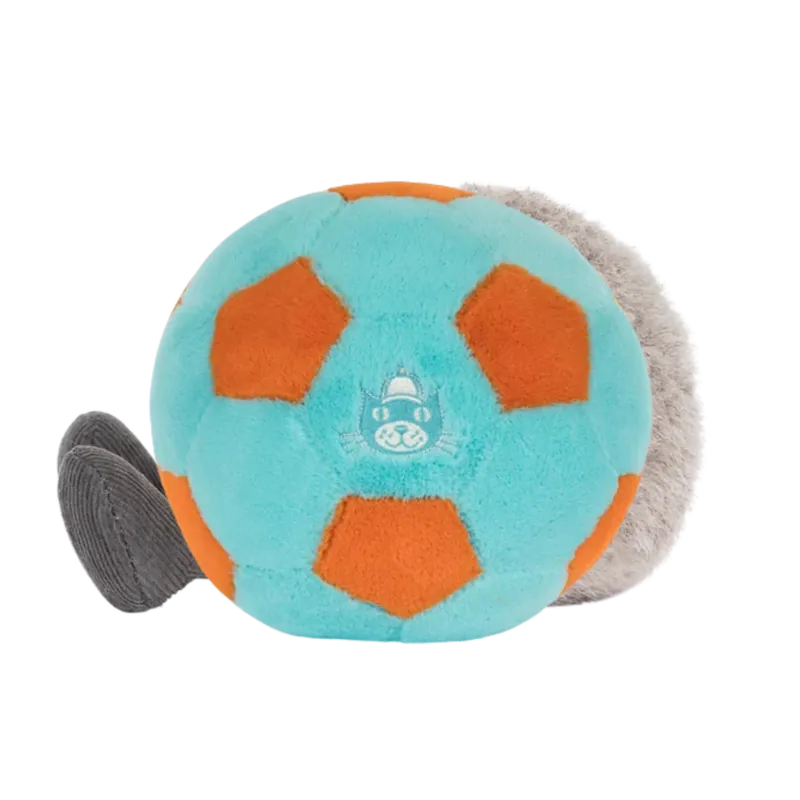 JJellycat Amuseables Football front view — teal and orange plush soccer ball with embroidered smiling face, teal and white striped boot legs, 27cm soft toy