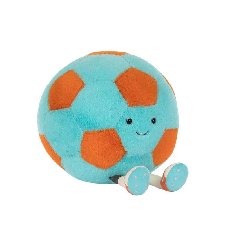 JJellycat Amuseables Football front view — teal and orange plush soccer ball with embroidered smiling face, teal and white striped boot legs, 27cm soft toy