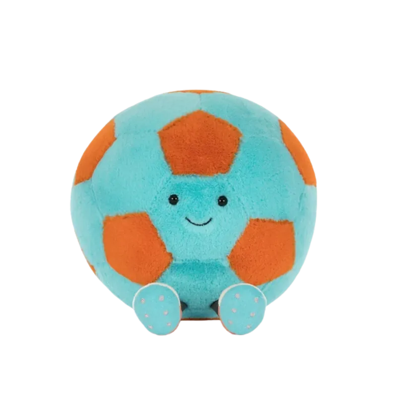 Jellycat Amuseables Football sitting front-on — teal and orange plush soccer ball with embroidered smiling face and teal boot feet with white star detail, 27cm
