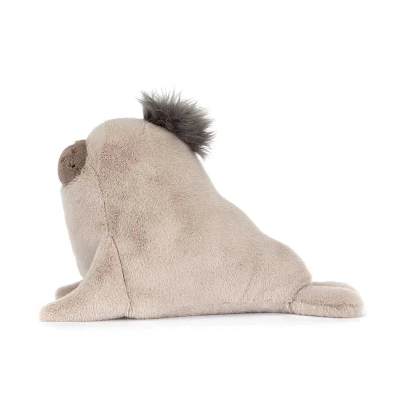 ellycat Roarwell Sea Lion side view — grey plush sea lion with cream belly, small front flipper and curved tail flipper detail