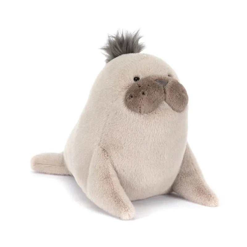 Jellycat Roarwell Sea Lion front view — grey plush sea lion with cream belly, embroidered smiling face, dark whiskers and small flippers, sitting soft toy
