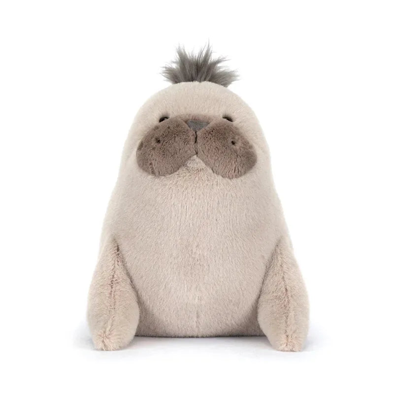 Jellycat Roarwell Sea Lion angled front view — grey plush sea lion with cream belly panel, embroidered nose and dark whisker detail