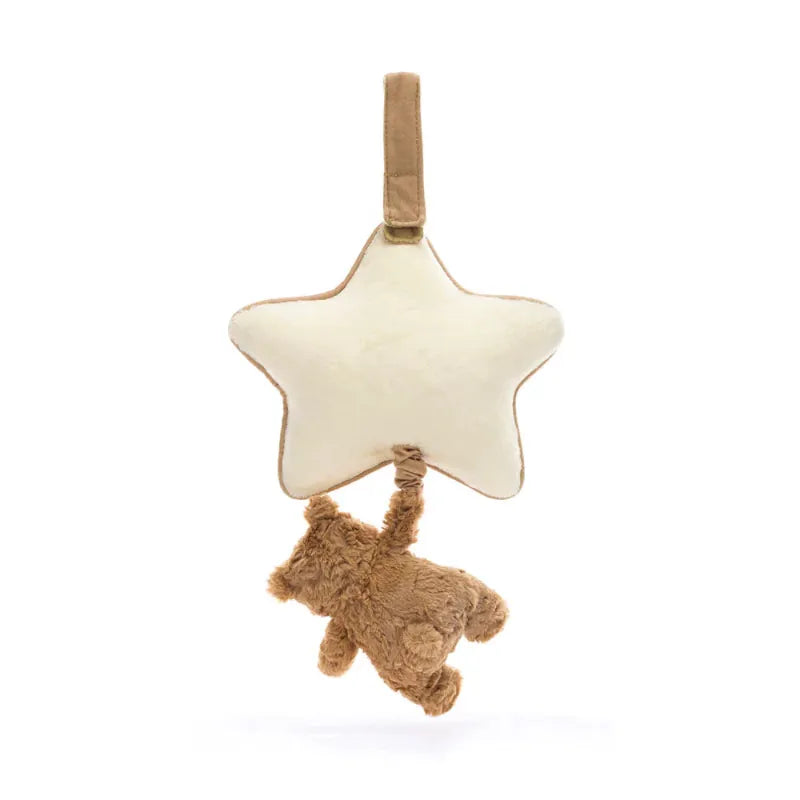 Jellycat Bartholomew Bear Musical Pull back view — cream plush star with caramel trim and hanging loop, honey brown Bartholomew Bear dangling on pull cord